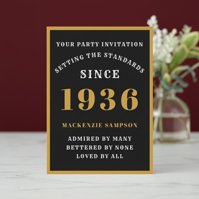 Personalized 90th Birthday 1936 Elegant Black Gold Einladung (1936 birthday invitation. Marble table top, red wall background.)