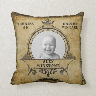 Personalized 90th Birthday Vintage Foto Template Kissen