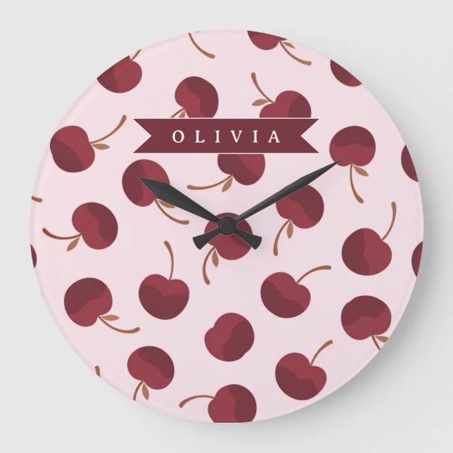Personalized Aesthetic Cherry Pattern Name Gift Große Wanduhr (Vorderseite)