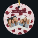 Personalized Aesthetic Cherry Pattern Name Gift Keramik Ornament<br><div class="desc">This collection of adorable cherry patterns is one of those small, everyday pleasures that just make people smile. This design is whimsical, cozy, and effortlessly fashionable with its soft pink backdrop, strewn cherries, and personalized name accents. It's the kind of pattern that makes a desk, a purse, or a comfortable...</div>