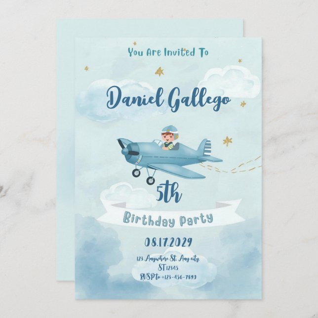 Personalized Airplane Boy Birthday Invitation Einladung (Vorne/Hinten)