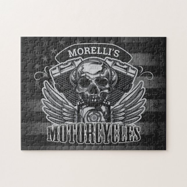 Personalized American Flag Biker Skull Motorcycle Puzzle (Horizontal)