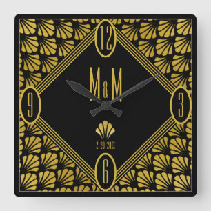 Personalized Art Deco Fan Pattern Couple Monogram Quadratische Wanduhr
