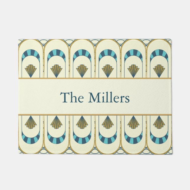 Personalized Art Deco Teal & Gold Geometric Fußmatte (Vorderseite)