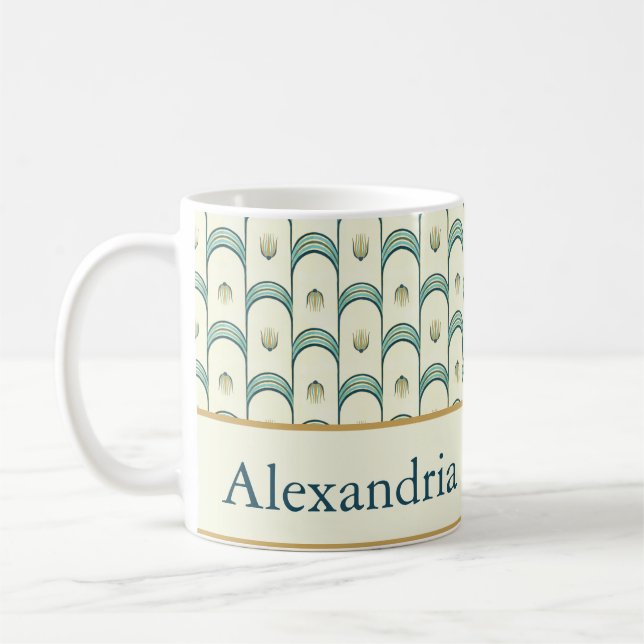 Personalized Art Deco Teal & Gold Geometric Kaffeetasse (Links)