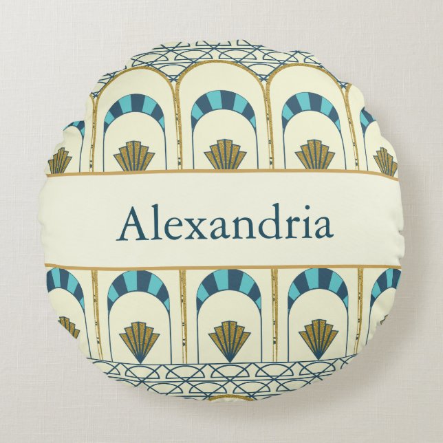 Personalized Art Deco Teal & Gold Geometric Rundes Kissen (Vorderseite)