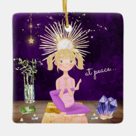 Personalized At Peace Yoga Blond Girl Christmas Keramikornament