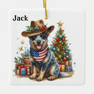 Personalized Australian Cattle Dog With USA Flag Keramikornament