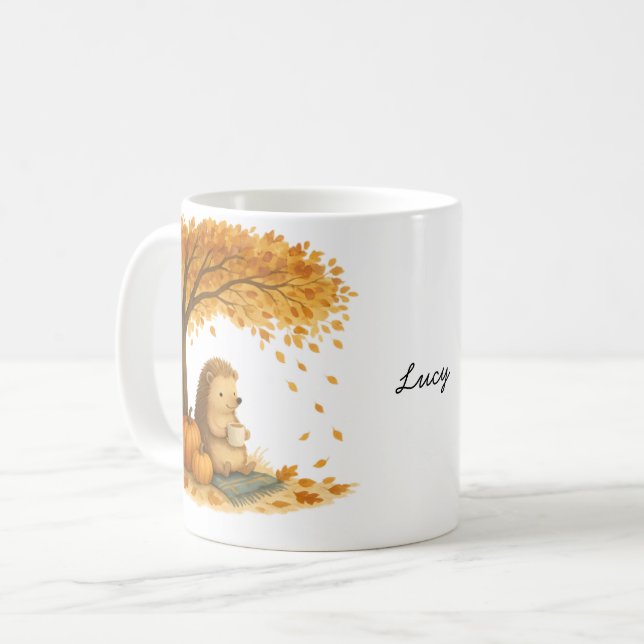 Personalized Autumn Hedgehog Under Tree Coffee Mug Kaffeetasse (Vorderseite Links)