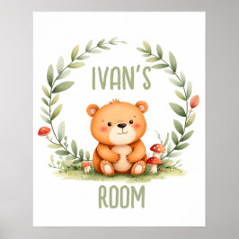 Personalized Baby Bear Watercolor Woodland Nursery Poster