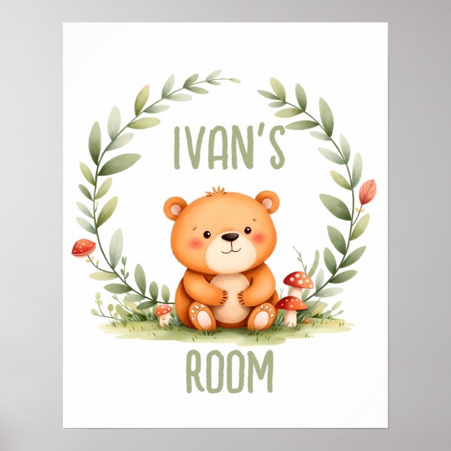 Personalized Baby Bear Watercolor Woodland Nursery Poster (Vorne)