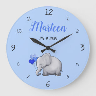 Personalized Baby Blue Cute Elephant Nursery Große Wanduhr