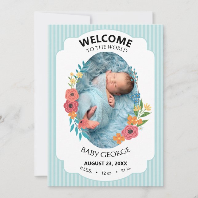personalized baby blue floral Birth announcements (Vorderseite)