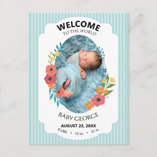 personalized baby blue floral Birth announcements Postkarte