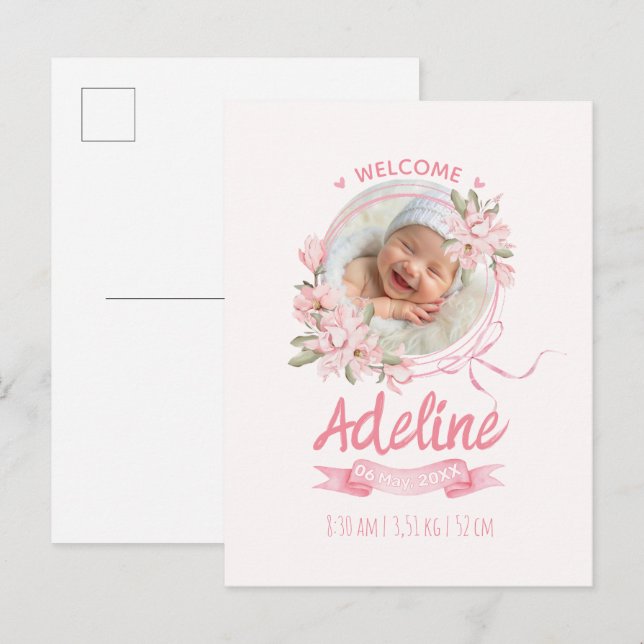 personalized baby blue floral Birth announcements Postkarte (Vorne/Hinten)