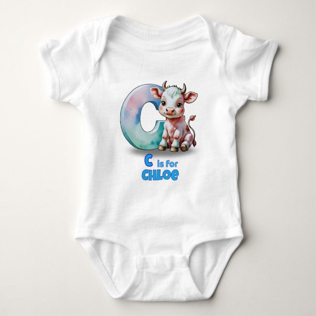 Personalized Baby Bodysuit – C is for Cow Baby Strampler (Vorderseite)