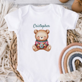 Personalized Baby Bodysuit with Cute Teddy Bear Strampler
