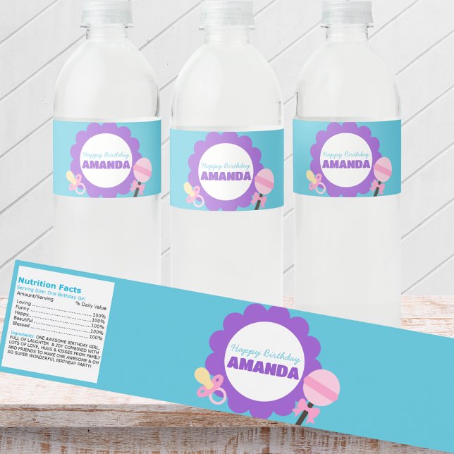 Personalized Baby Doll Birthday Water Bottle Label Wasserflaschenetikett (Baby Doll Birthday Water Bottle Wrappers with Adorable Nutrition Label Backside. Pink, Purple & Teal)