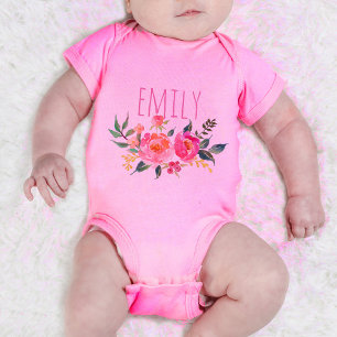 Personalized Baby Girl Pink Watercolor Floral Strampler