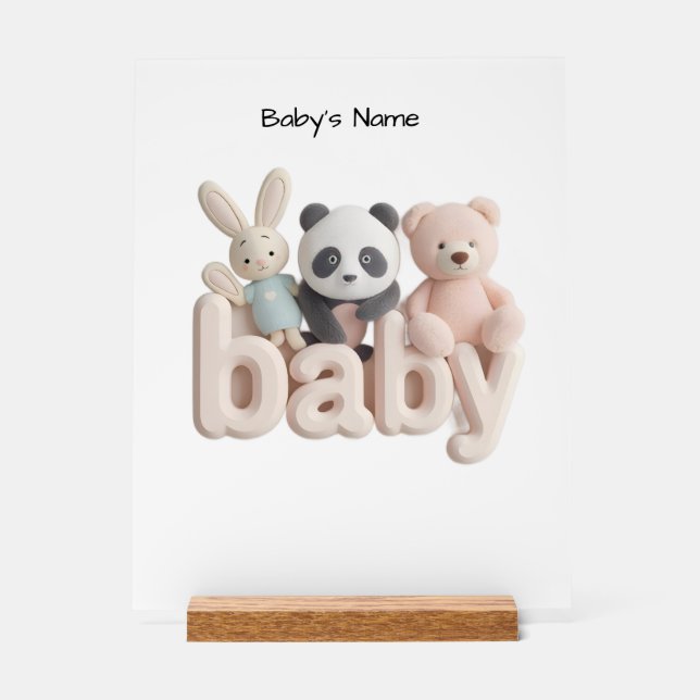 Personalized Baby Name Wall Art – Cute Animal Nurs Acrylschild (Vorderseite)