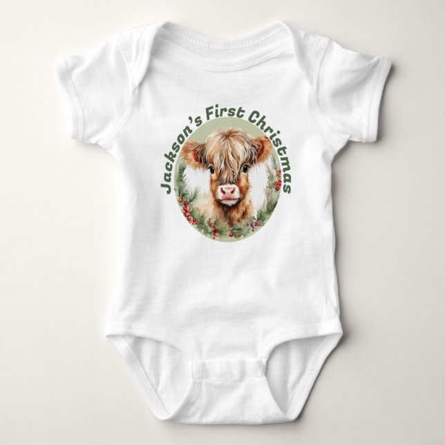 Personalized “Baby’s First Christmas” Highland Cow Baby Strampler (Vorderseite)