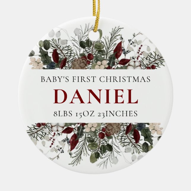 Personalized Baby's 1st Christmas Winter Floral  Keramik Ornament (Vorne)