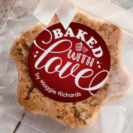 Personalized Baked With Love Holiday Red Baking Runder Aufkleber