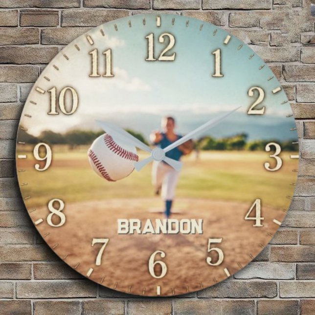 Personalized Baseball Pitcher Custom Name Player Große Wanduhr (Von Creator hochgeladen)