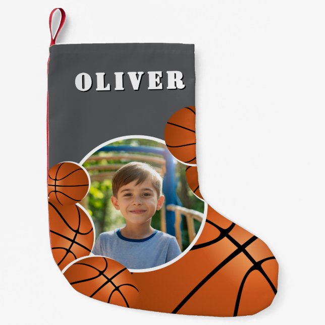 Personalized Basketball Ball Football Boy Photo  Kleiner Weihnachtsstrumpf (Vorderseite)