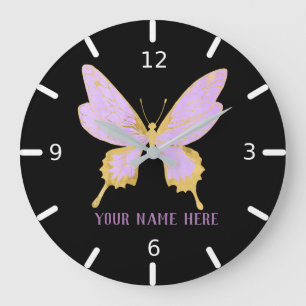 Personalized Beautiful Purple & Gold Butterfly Große Wanduhr