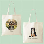 Personalized Bernedoodle Dog Mom Custom Photo Tragetasche<br><div class="desc">Show off your furry best friend with this stylish tote bag featuring a charming hand-drawn Bernedoodle illustration. The front side shares your pride with "I love my Bernedoodle, " while the back is fully customizable with your pet's own photo and name. This personalized Bernedoodle gift is a must-have for every...</div>
