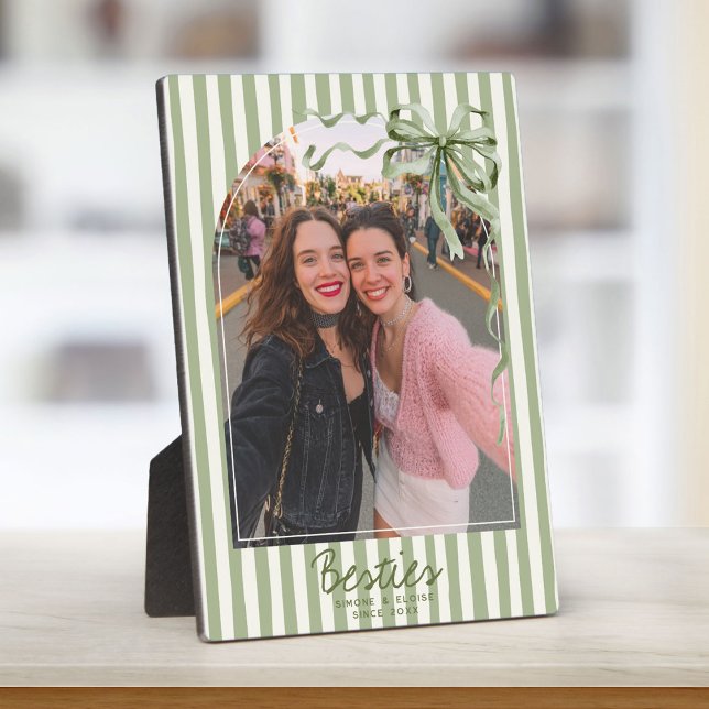 Personalized Best Friends Photo Preppy Stripes Bow Fotoplatte (Von Creator hochgeladen)