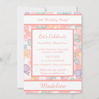 Personalized Birthday Bow Gingham Sweet Invitation Einladung