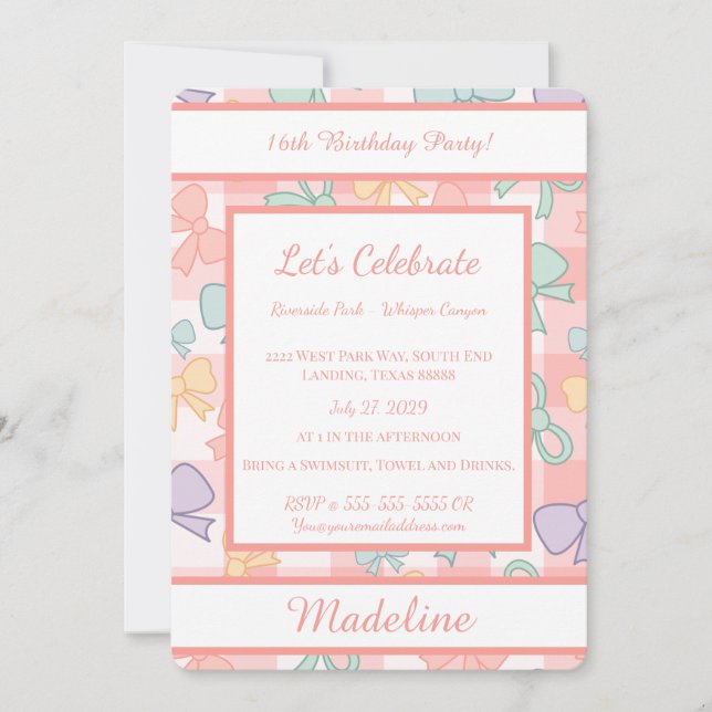 Personalized Birthday Bow Gingham Sweet Invitation Einladung (Vorderseite)