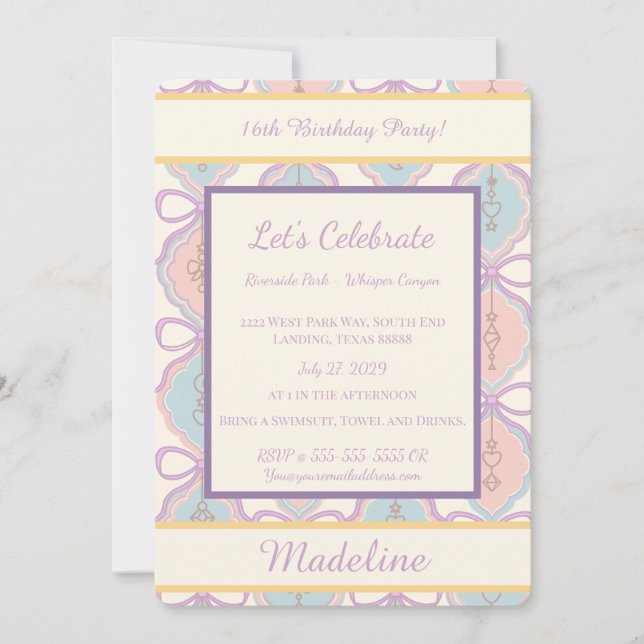 Personalized Birthday Bow Sweet Invitation Blush Einladung (Vorderseite)