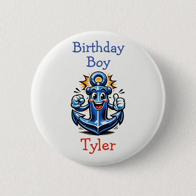 Personalized Birthday Boy Pop Art Anchor Button (Vorderseite)