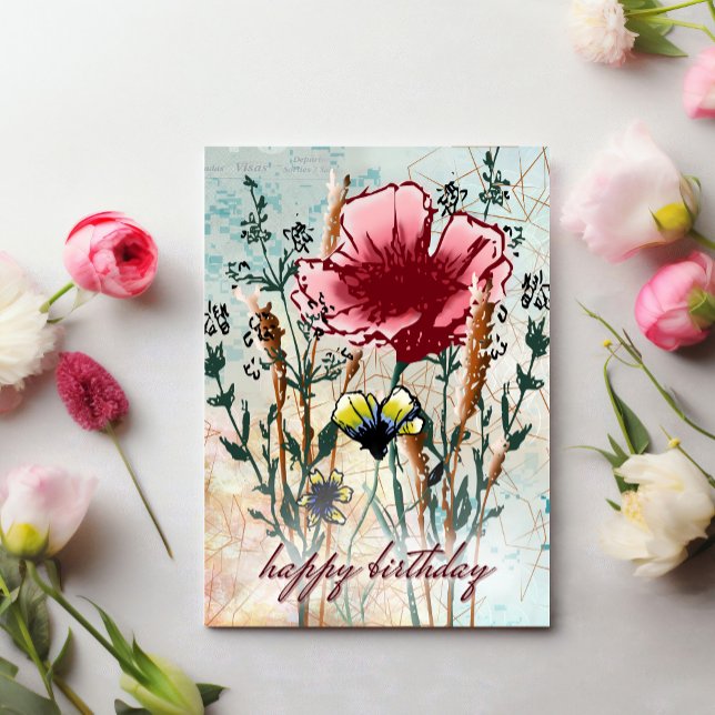 Personalized Birthday Card Mixed Media Wildflower  Karte (Personalize your birthday wishes, just add a custom message.)