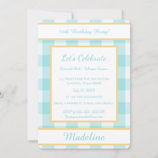 Personalized Birthday Gingham Blue Invitation Einladung