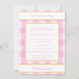 Personalized Birthday Gingham Pink Invitation Einladung