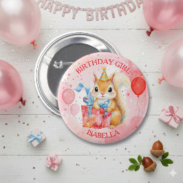 Personalized Birthday Girl's Squirrel Pink and Red Button