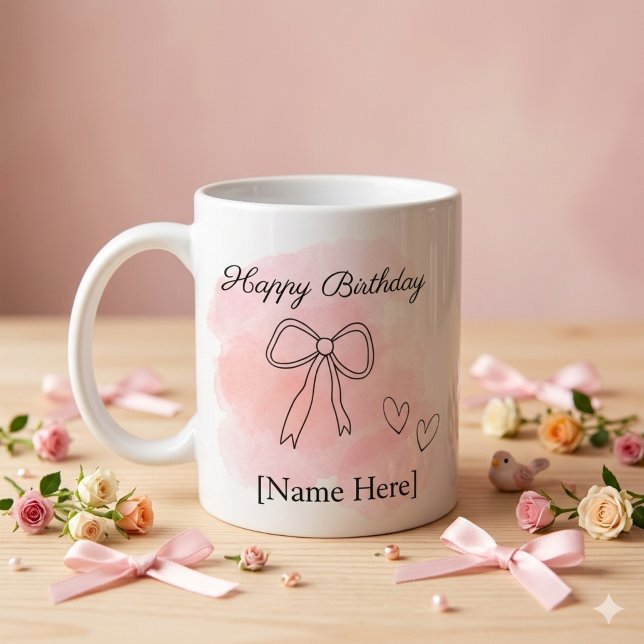 Personalized Birthday Pink Coquette Bow Mug Kaffeetasse (Aesthetic birthday coquette mug with pink watercolor, line art bow, and customizable text)