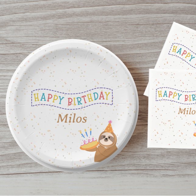Personalized Birthday Plate Sloth Party Design Pappteller (Von Creator hochgeladen)