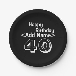Personalized Black 40th Birthday Paper Plate Pappteller