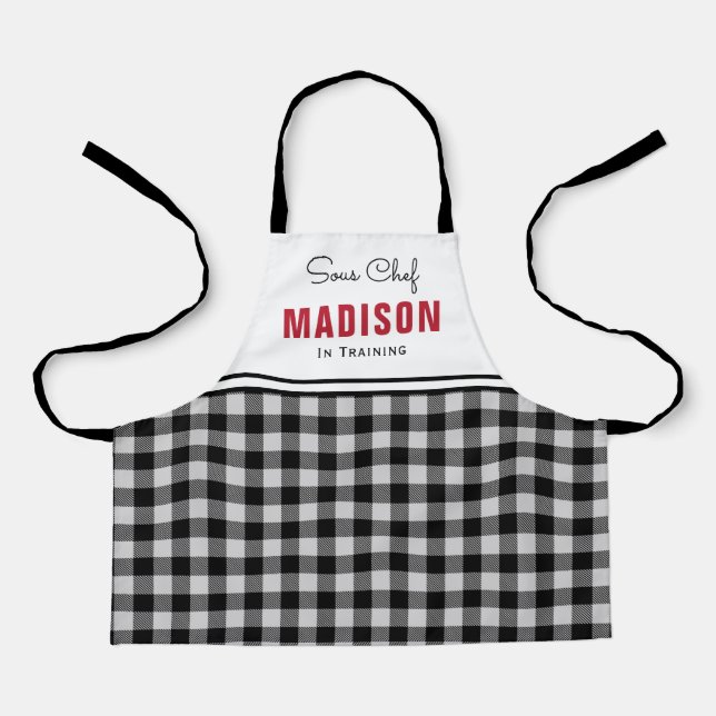 Personalized Black and White Buffalo Plaid Kids Schürze (Vorderseite)