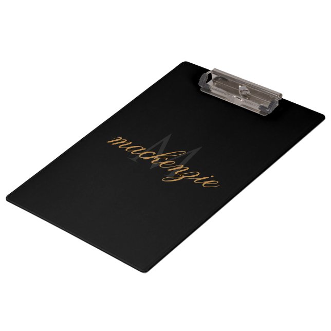 Personalized Black Clipboard with Name and Initial Klemmbrett (Schrägansicht)