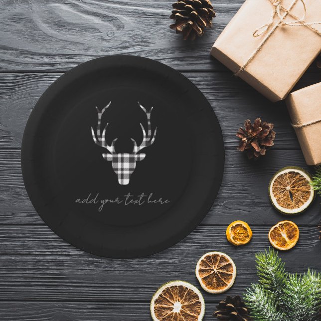 Personalized Black  Deer Christmas Paper Plates Pappteller (chi paper plate for christmas. modern black plaid check deer. )