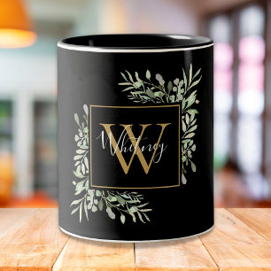 Personalized Black Gold Monogram Greenery Floral Zweifarbige Tasse