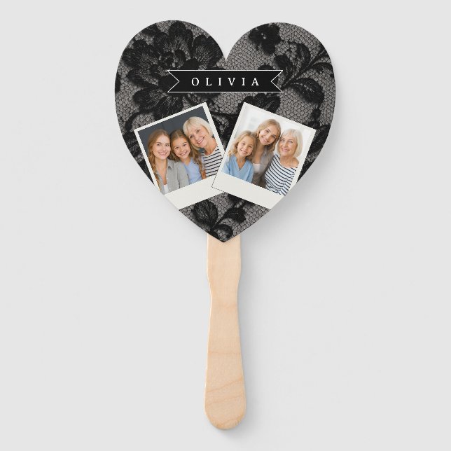 Personalized Black Lace Floral Elegant Monogram Fächer (Vorderseite)