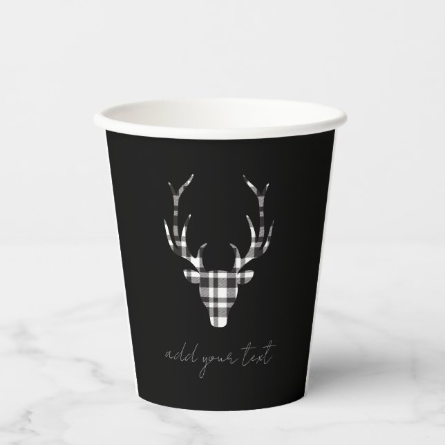 personalized black plaid check deer Christmas pape Pappbecher (Vorderseite)