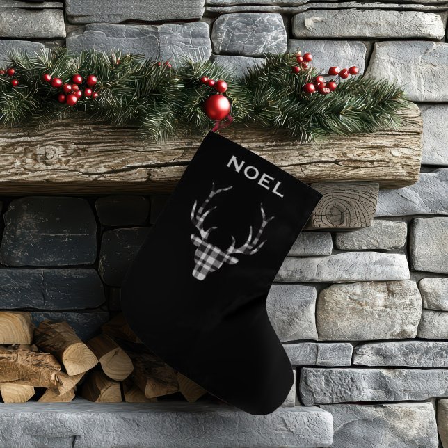 Personalized Black Plaid Deer Christmas Stockings Großer Weihnachtsstrumpf (chic personalized christmas stocking. modern black plaid check deer.)